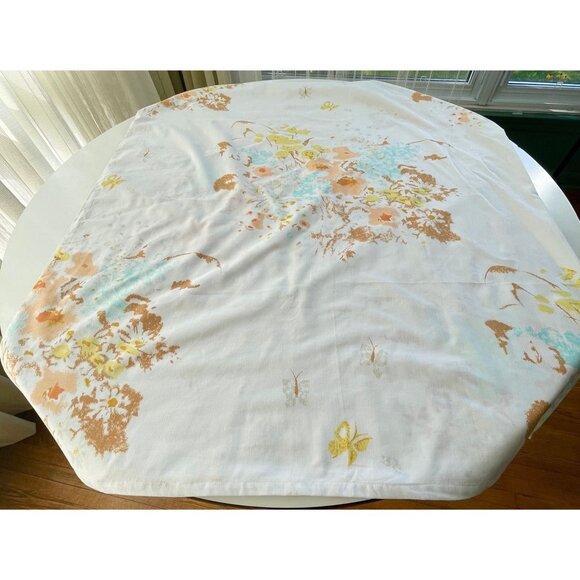 Vintage 70s flat sheet, peach, blue, yellow floral pastel full/double size bed - Picture 3 of 8